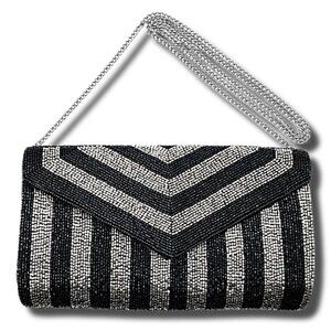 Sparkling Beaded Silver & Black Striped Crossbody Chain Convertible Clutch Bag